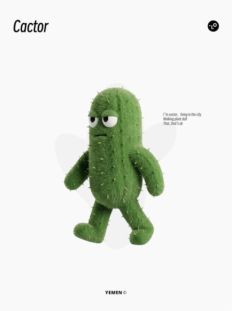 The image features a single, anthropomorphic cactus character as the central subject, presented in a clean, minimalist composition against a stark white background. The character, named 'Cactor,' is a 3D-rendered, fuzzy-textured green cactus with human-like arms and legs, walking forward with a grumpy or lethargic expression. Its body is covered in short, soft-looking spines, and it has large, half-lidded eyes and a flat mouth line. The overall visual aesthetic is a blend of photorealistic 3D rendering and stylized character design, creating a tactile, almost plush-like material feel. The color language is dominated by a natural, medium-saturation green for the cactus, with subtle highlights and shadows that suggest a soft, diffused light source from the upper front. The lighting is even and soft, minimizing harsh shadows and contributing to a clean, commercial mood. Text elements include the bold, sans-serif title 'Cactor' in the top-left corner, a small, circular logo in the top-right, and a short, three-line poem in a delicate serif font to the right of the character, which reads: 'i’m cactor, living in the city / Walking plant doll / That..that’s ok'. The text serves as a narrative label, adding a touch of melancholic personality. The composition is centered and balanced, with significant negative space that focuses all attention on the character's design and expression. The shape language is organic, characterized by rounded forms and soft edges, with the character's limbs and body lacking sharp angles, reinforcing a gentle, approachable, yet slightly sullen mood.