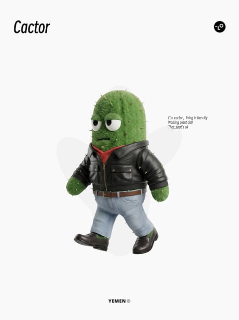 The image presents a full-body, 3D-rendered character named 'Cactor' against a minimalist, off-white background with a faint, large heart shape behind the figure. The main subject is an anthropomorphic cactus with a fuzzy, green surface covered in small spikes, walking forward with a determined, slightly grumpy expression. It wears a detailed black leather motorcycle jacket over a red scarf, light blue denim jeans with a brown belt, and dark brown shoes. The rendering is photorealistic in its textures but stylized in its character design, featuring soft, even lighting that creates gentle shadows and highlights the material contrasts between the fuzzy cactus skin, the smooth leather, and the denim fabric. The color palette is dominated by the vibrant green of the character, the black of the jacket, and the light blue of the jeans, with a pop of red from the scarf, all set against a neutral background. The composition is centered, with the character as the sole focus, framed in a three-quarter view to emphasize its movement and outfit. Visible text includes the title 'Cactor' in a bold, sans-serif font at the top left, a small, circular logo with '-LO' at the top right, the copyright 'YEMEN ©' at the bottom center, and a block of small, italicized text to the right of the character that reads: 'i'm cactor, living in the city / Walking plant doll / That..that's ok', which adds a narrative context to the character's urban persona.