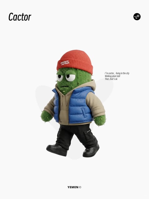 The image features a 3D-rendered anthropomorphic cactus character named 'Cactor' as the central subject, positioned against a clean, off-white background with a subtle, faint heart shape behind it. The composition is a full-body character portrait, with the subject walking forward in a casual, streetwear-inspired outfit. The visual aesthetic is a polished, stylized 3D illustration with a photorealistic texture treatment, blending organic forms with manufactured clothing. The color palette is dominated by earthy greens and khakis, punctuated by a vibrant blue puffer vest and a bright red beanie, creating a balanced contrast with high saturation on the clothing against the neutral background. Lighting is soft and diffused, coming from the upper left, casting gentle shadows that define the character's form and clothing textures without harshness. Texture and material feel are highly detailed: the cactus skin has a fuzzy, spiky surface; the beanie is a ribbed knit; the vest shows quilted puffer stitching; the hoodie is soft fleece; and the cargo pants and sneakers have a matte fabric and leather finish. Compositionally, the character is centrally framed with ample negative space, emphasizing its design. Shape language combines the organic, rounded form of the cactus body with the structured, geometric lines of the urban clothing. The mood is cool, laid-back, and slightly introspective, conveyed by the character's half-lidded expression and relaxed walking pose. Visible text includes the title 'Cactor' in a bold, black sans-serif font at the top left; a small logo '-LO' in the top right; the phrase 'thislane vorthat' embroidered on the red beanie; descriptive text on the right reading 'i'm cactor, living in the city Walking plant doll That..that's ok' in a simple sans-serif font; and the copyright 'YEMEN ©' at the bottom center. The text elements provide character identity and context, integrating seamlessly into the overall clean, graphic design.