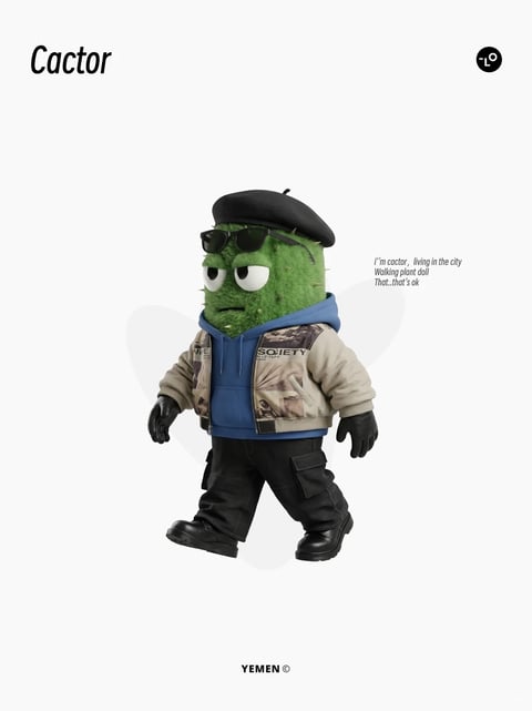 The image is a full-body, centered studio shot of a stylized 3D anthropomorphic cactus character walking forward against a plain, off-white background with a faint, heart-shaped gradient silhouette behind it. The character, named 'Cactor', has a fuzzy, textured green cactus body with small spines, large expressive white eyes with black pupils looking slightly downward and to the left, and a small, neutral mouth. It wears a black beret tilted on its head, black sunglasses pushed up onto its forehead, a blue hoodie under a beige and grey jacket with a graphic print featuring the word 'SOCIETY' and an architectural image, black cargo pants, black gloves, and chunky black shoes. The rendering style is high-quality 3D with photorealistic texturing, particularly on the fuzzy cactus skin and fabric of the clothing. The color palette is muted and earthy, dominated by the green of the cactus, the neutral beige/grey of the jacket, black accessories, and a pop of saturated blue from the hoodie. The lighting is soft and directional from the front-left, creating gentle shadows that define the character's form and the texture of its surfaces without harsh contrast. The composition is clean and character-focused, with the subject placed centrally to emphasize its design and outfit. Visible text includes the large, bold, sans-serif word 'Cactor' in the top left corner; a smaller, handwritten-style poem to the right of the character that reads: 'i'm cactor, living in the city / Walking plant doll / That..that's ok'; a circular logo with the number '20' and a dash in the top right; and the text 'YEMEN ©' centered at the bottom. The overall mood is quirky, slightly melancholic, and urban, with a focus on detailed character design and contemporary streetwear fashion.