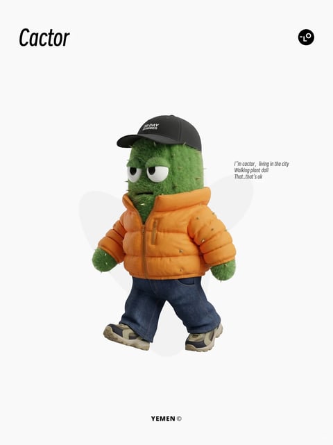 This image features a 3D-rendered anthropomorphic cactus character as the central subject, presented in a full-body, walking pose against a plain, off-white background. The character has a textured, fuzzy green surface with small, soft-looking spines, wearing a black baseball cap, a bright orange puffer jacket with a visible zipper, dark blue denim jeans, and chunky beige and grey sneakers. The composition is centered with a slight rightward walk, and a faint, semi-transparent white heart shape is subtly visible behind the character. The visual aesthetic is a stylized, photorealistic 3D render with a soft, tactile quality. The color palette is dominated by the character's vibrant green, the saturated orange of the jacket, and the deep blue of the jeans, set against the neutral background, creating high contrast and a warm, playful tone. Lighting is soft and diffuse, appearing to come from the front-left, casting gentle shadows that define the character's form and clothing textures without harshness. The texture and material feel are highly detailed: the cactus surface appears soft and fuzzy, the puffer jacket looks like matte nylon with realistic puffing and stitching, the denim shows woven fabric detail, and the sneakers have a rubbery, rugged sole. The composition uses a centered, character-focused framing with ample negative space, emphasizing the subject. Shape language blends organic forms (the cactus body) with geometric elements (the structured jacket, cap brim, and rectangular eyes). The mood is calm, slightly whimsical, and urban, conveyed by the character's neutral expression and city-ready outfit. Visible text includes the bold, sans-serif word "Cactor" in the top-left corner, a small circular logo with "-L°" in the top-right, three lines of italicized English text to the right of the character reading "i'm cactor, living in the city / Walking plant doll / That..that's ok", and the copyright text "YEMEN ©" in the bottom center; the text serves as branding and narrative captioning, integrated cleanly into the composition.