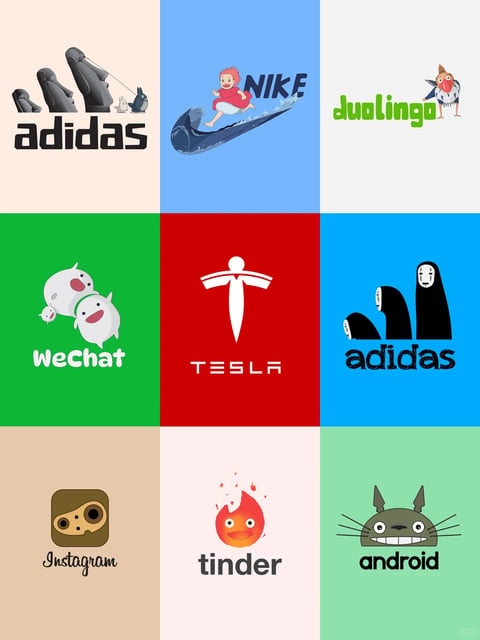 This image is a 3x3 grid of nine square panels, each featuring a playful mashup of a famous brand logo with characters and elements from Studio Ghibli animated films. The overall aesthetic is flat, illustrative, and digitally rendered with clean lines and solid color backgrounds, reminiscent of vector art or modern graphic design. The color palette is vibrant and saturated, with each panel having a distinct, solid background color including light beige, sky blue, mint green, emerald green, crimson red, and soft pink. The lighting is uniformly flat and graphic, with no directional shadows, creating a bright and cheerful mood. Text, rendered in the brands' specific typefaces, appears at the bottom of each panel, anchoring the visual pun. The composition is consistently structured with the illustrated character or scene element centered above the brand name. Shape language combines the iconic, geometric forms of the brand logos with the soft, organic, and expressive character designs of Studio Ghibli. The mood is whimsical, clever, and nostalgic, blending pop culture branding with beloved animation. In the top-left panel, the three-striped Adidas logo is formed by the ears and arms of the character Totoro and his smaller friends against a light beige background, with 'adidas' in its signature bold lowercase font below. The top-center panel shows the child Boh (in his bird form) and the soot sprites riding the whale-like spirit from a blue background, forming the Nike swoosh, with 'NIKE' in its italicized uppercase font. The top-right panel features the character from Spirited Away standing within the loop of a stylized 'd' for the Duolingo logo, with the full 'duolingo' name in its rounded green font against a mint background. The middle-left panel on a green background depicts two Kodama (tree spirits) and a smaller spirit mimicking the speech bubble forms of the WeChat logo, with 'WeChat' written below. The center panel on a red background shows the character No-Face's silhouette forming the 'T' shape of the Tesla logo, with 'TESLA' in its minimalist font. The middle-right panel on a blue background again uses the three-striped Adidas logo, this time formed by three No-Face figures of increasing size, with 'adidas' below. The bottom-left panel on a beige background features a Kodama's head inside the Instagram app icon frame, with 'Instagram' in its script font. The bottom-center panel on a pink background shows a Kodama's head transforming into the Tinder flame logo, with 'tinder' in its lowercase font. The bottom-right panel on a light green background shows Totoro's face inside the circular frame of the Android logo, with 'android' in its standard lowercase font below.