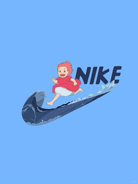 The image is a digital illustration featuring a joyful, red-haired cartoon boy in a red shirt and white shorts, dynamically leaping over a stylized, deep blue wave. The composition centers the boy and wave against a flat, light blue background, with the wave curving from the lower left to the middle right, creating a sense of motion. Visible text includes the word 'NIKE' in a bold, dark blue, sans-serif font, positioned to the right of the boy, partially integrated with the wave's splash, serving as a brand element within the artwork. The visual aesthetic is flat and illustrative, with clean, defined lines and a graphic, 2D cartoon style. The color language is dominated by a bright, saturated palette: light blue background, vibrant red hair and shirt, white shorts, and deep blue wave, with high contrast and a cool overall temperature. Lighting is uniform and flat, with minimal shading, contributing to the cheerful, energetic mood. Texture and material feel are smooth and non-tactile, typical of digital vector art. The composition uses a diagonal arrangement for dynamic energy, with the boy positioned centrally above the wave. Shape language combines organic forms for the character and wave with geometric block letters for the text, featuring clean, sharp edges. The mood is playful, adventurous, and upbeat, conveying a sense of fun and motion.