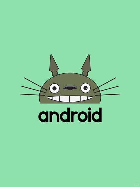 The image features a minimalist, flat-style illustration that merges the iconic Android robot logo with the character Totoro from Studio Ghibli. The main subject is a centered, semi-circular green head that forms the top half of the Android robot's body, but it is rendered in Totoro's earthy, muted olive-green hue. This character face is defined by simple, clean lines, large round eyes with black pupils, a wide, toothy grin, whiskers extending from the cheeks, and pointed ears with small tufts. Below the character head, the word 'android' is written in its standard, lowercase, bold sans-serif typeface in black. The composition is simple and graphic, with the subject centrally placed against a solid, muted mint-green background, creating a flat, two-dimensional aesthetic with no sense of depth or texture. The lighting is uniform and flat, with no shadows or highlights, emphasizing the graphic nature of the design. The overall mood is playful and whimsical, blending familiar pop culture icons through a clean, illustrative style.
