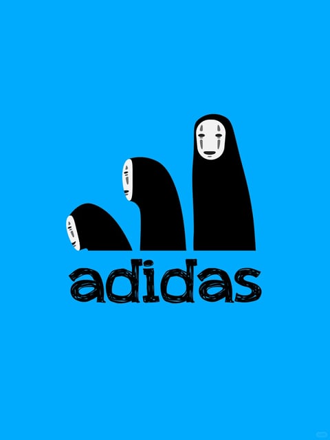 This image is a flat, illustrative graphic design composition featuring a playful parody of the Adidas logo on a solid, vibrant cerulean blue background. The central visual element replaces the brand's iconic three slanted bars with three stylized, black-robed figures resembling the character 'No-Face' from the animated film Spirited Away, arranged in ascending height from left to right to mimic the logo's shape. Each figure has a white, oval mask with simple black facial features, oriented to face leftward. Below this visual, the word 'adidas' is rendered in a hand-drawn, sketchy black font that mimics the brand's typeface but with a rough, textured fill, positioned centrally beneath the figures. The overall aesthetic is minimalist and vector-like with high contrast between the black figures/text and the bright blue background, utilizing a limited color palette of cerulean blue, black, and white to create a bold, clean, and humorous pop-culture reference.