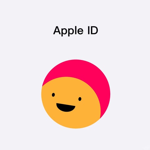 The image features a minimalist, flat-design graphic centered on a plain, off-white background. The main subject is a stylized, circular character composed of two overlapping circles: a larger, vibrant magenta circle positioned behind a smaller, warm golden-yellow circle that serves as the face. The face has simple, geometric features—two small black dots for eyes and a wide, upward-curved black shape for a smiling mouth—creating a friendly, cheerful expression. The composition is vertically aligned, with bold, sans-serif text reading 'Apple ID' in black, centered above the graphic. The visual aesthetic is clean, modern, and illustrative, employing a flat rendering technique with no gradients, shadows, or textures. The color palette is limited and high-contrast, dominated by the saturated magenta and warm yellow against the neutral background, with black used for text and facial features. Lighting is implied as even and flat, with no directional sources, contributing to a simple, approachable mood. The shapes are purely geometric—perfect circles and clean curves—with uniform line weights and sharp, unblurred edges. The overall atmosphere is playful, minimal, and digitally polished, evoking a user-friendly and positive tone.