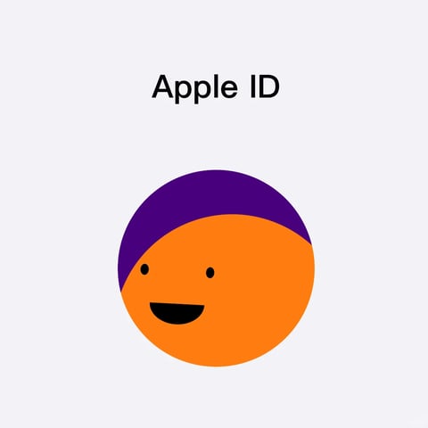 The image features a flat, illustrative vector-style graphic centered on a light gray background. The main subject is a simple, cheerful circular face in a vibrant orange hue, with two small black dot eyes and a wide, curved black smile, topped with a dark purple, smooth, crescent-shaped section resembling hair or a hat, creating a simple, rounded character silhouette. The composition is symmetrical and minimal, with the character occupying the lower half and a text element placed above it in the upper half. The text, rendered in a clean, black, sans-serif typeface, reads "Apple ID" in English, positioned centrally in the upper portion of the image and serving as a clear label or title for the visual element below. The visual aesthetic is decidedly flat and graphic, employing a minimalist style with no gradients, shadows, or texture, relying solely on solid color fills. The color palette is limited and high-contrast, dominated by the warm, saturated orange of the face against the deep, cool purple accent, all set against a neutral, pale gray background. Lighting is non-existent in a traditional sense due to the flat rendering; the form is defined purely by color blocking and shape rather than light and shadow. Texture is smooth and digital, with a matte, uniform finish across all elements. The composition follows a simple, centered, top-bottom layout with ample negative space. Shape language is purely geometric and organic, using perfect circles and smooth curves with sharp, clean edges, and no visible line work. The overall mood is friendly, approachable, and playful, conveyed through the simple smiling expression and bright, warm color choice, with a low-energy, static, and clean visual weight.