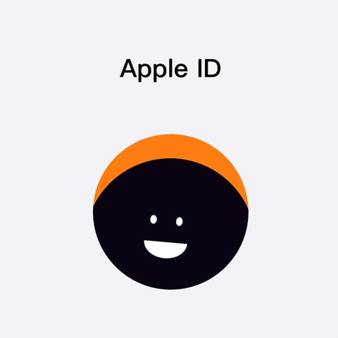 The image features a minimalist, flat design centered on a single graphic icon, presented against a plain, off-white background. The composition is symmetrical and static, with the visual elements arranged vertically. The primary subject is a simplified, circular face rendered in solid, matte black, featuring two small white circles for eyes and a wide, upward-curving white semicircle for a smiling mouth. An arched, solid orange band sits atop the black circle, resembling a cap or a hair element, creating a clear separation of shapes. Above this icon, the text 'Apple ID' is displayed in a clean, sans-serif font, centered horizontally and rendered in a dark gray color. The visual aesthetic is strictly illustrative and graphic, utilizing flat vector shapes with no gradients, textures, or three-dimensional effects. The color palette is highly restricted and high-contrast, dominated by the matte black of the face, accented by the vibrant, saturated orange of the cap and the crisp white of the facial features, all set against a neutral, light gray ground. Lighting is absent, as the design relies on solid color fills rather than rendered light and shadow. The shapes are purely geometric and organic, with clean, hard edges and uniform line weight implied by the solid fills. The mood is friendly, approachable, and straightforward, conveying a sense of simple, digital identity.