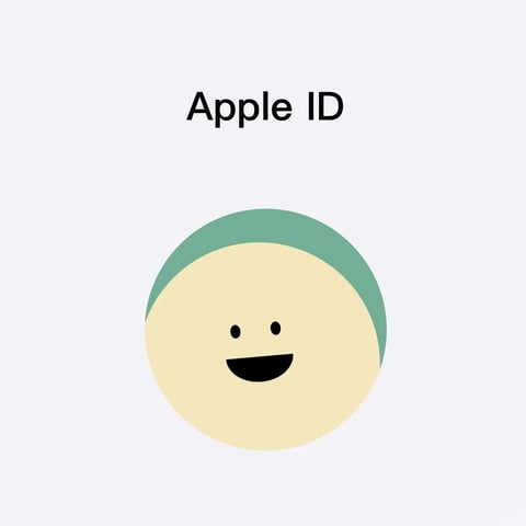 The image features a centered, circular avatar illustration on a plain, light gray background, with the text 'Apple ID' positioned directly above it. The avatar is a minimalist, stylized face composed of a large, pale yellow circle for the face, two small, solid black circles for eyes, and a wide, solid black, upward-curved shape for a smiling mouth. A teal-green, semi-circular shape sits atop the yellow circle, suggesting hair or a cap. The overall visual aesthetic is flat and illustrative, using clean, geometric shapes with solid, unshaded colors and no gradients or textures. The color language is dominated by a soft, desaturated palette of pale yellow, teal-green, and black against a neutral light gray, creating a low-contrast, calm, and friendly visual. The lighting is implied to be flat and frontal with no directional shadows or highlights, contributing to a simple, iconic, and approachable mood. The composition is symmetrically balanced and centered, with ample negative space framing the main subject. The shape language is strictly geometric, relying on circles and circular segments with smooth, clean edges and uniform line weight for the facial features. The overall atmosphere is playful, simple, and inviting, characteristic of a modern, minimalist icon or mascot design.