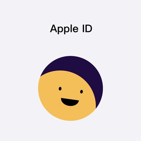 The image presents a minimalist, flat design illustration centered on a stylized circular avatar against a plain, light gray background. The primary visual element is a two-tone circle, split diagonally, with the lower-left section rendered in a warm, saturated yellow-orange and the upper-right in a deep, muted indigo-purple. Within the yellow-orange area, simple black features form a friendly, smiling face: two small circular dots for eyes and a broad, upward-curving crescent for a mouth. Above this graphic, the text "Apple ID" is displayed in a clean, modern, sans-serif black font, centered horizontally and positioned in the upper third of the composition, serving as a clear title or label for the icon below. The visual aesthetic is distinctly flat and illustrative, characterized by solid color fills with no gradients, textures, or shading, creating a vector-like, iconographic quality. The color language relies on a high-contrast, complementary pair of warm yellow and cool purple, with the black text and facial features providing sharp definition. Lighting is absent in a traditional sense, as the flat rendering eliminates shadows and highlights, contributing to a uniform, graphic mood. Texture is non-existent, emphasizing a smooth, digital surface. The composition is centered and symmetrical in its overall layout, with the text and avatar vertically aligned, creating a balanced and direct spatial arrangement. Shape language is purely geometric, combining perfect circles and simple curves with no organic irregularity. The overall mood is approachable, clear, and utilitarian, conveying a sense of friendly simplicity and modern digital identity.