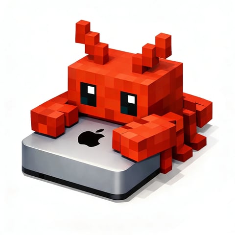 The image features a single, cohesive 3D-rendered subject: a stylized, blocky red crab composed of cubic voxels, perched atop a sleek, silver Mac Mini computer. The composition is a clean, isometric product-style shot against a pure white background, with the crab's body centered on the computer's top surface, its claws gripping the front edge and its legs extending down the sides. There is no visible text, readable words, or linguistic elements anywhere in the image. The visual aesthetic is a polished 3D voxel art style, blending the cute, pixelated geometry of the crab with the photorealistic, smooth metallic finish of the computer. The color language is defined by a high-saturation, vibrant red for the crab, which contrasts sharply with the cool, neutral silver of the Mac Mini and the deep black of its base and Apple logo, all set against the stark white environment. Lighting is soft and directional, coming from the upper left, casting gentle, diffused shadows to the right and below the objects, which grounds them in space and highlights the reflective quality of the metal. The texture and material feel are distinct: the crab has a matte, plastic-like surface with sharp voxel edges, while the computer features a brushed aluminum texture with subtle specular highlights. Compositionally, the isometric perspective creates a clear, graphic spatial arrangement with no depth of field, emphasizing the objects' forms. The shape language is a deliberate contrast between the rigid, geometric cubes of the crab and the soft, rounded rectangles of the computer hardware. The overall mood is playful, modern, and tech-inspired, with a clean, minimalist atmosphere that feels both digital and tactile.