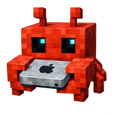 The image features a central subject: a bright red, cube-shaped character designed in a blocky, pixelated 3D style reminiscent of voxel art or early 3D video game graphics. The character has a large, rectangular head with two prominent, glowing cyan square eyes, two small antennae-like protrusions on top, and a body supported by several small, blocky legs. It is depicted holding a silver, rectangular object that resembles a closed laptop or tablet, prominently displaying a black, pixelated Apple logo on its top surface. The composition is straightforward and centered against a plain white background, with no additional scenery or elements. There is no visible text in the image. The visual aesthetic is distinctly 3D voxel art, with clean, hard edges and a uniform, blocky construction. The color language is dominated by a vibrant, saturated red for the character, contrasted by the cool, metallic silver of the device and the stark black of the logo and eye interiors, with bright cyan accents in the eyes. The lighting is bright and even, casting soft, subtle shadows that define the geometric forms without creating high drama. Texture and material feel are simplified and digital; the surfaces appear smooth and matte, like plastic or rendered game assets, with no realistic material variations. The composition uses a simple, frontal framing that emphasizes the character's design and the object it holds, creating a clear focal point. Shape language is entirely geometric, built from cubes and rectangular prisms with sharp, defined edges. The overall mood is playful, tech-oriented, and stylized, with a clean, digital atmosphere.