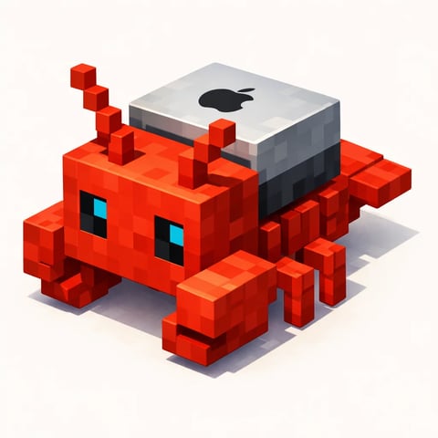The image presents a stylized, blocky red crab rendered in a distinct voxel or low-poly 3D aesthetic, positioned centrally against a plain, off-white background. The main subject is a bright red crab constructed from sharp-edged cubic forms, featuring six blocky legs, two prominent pincers, and two antennae made of stacked cubes; its eyes are represented by simple black squares with small, bright cyan highlights. The composition is an isometric view, creating a sense of depth and dimensionality. A major visual element is the grey, rectangular computer tower—resembling a desktop PC or server—resting directly on the crab's carapace, with a black Apple logo clearly visible on its top surface. There is no other readable text in the image. The visual aesthetic is a clean, geometric, digital 3D style with a focus on sharp edges and solid color blocks, reminiscent of pixel art or block-building games. The color language is dominated by a vibrant, highly saturated red for the crab, contrasted with the neutral greys and black of the computer component and the stark white background; the cyan eye highlights provide a small, cool accent. Lighting appears to be soft and directional from the upper left, casting subtle, sharp-edged shadows on the white surface below the crab, which reinforces the solid, object-like quality of the scene. The texture is uniformly matte and digital, with no surface detail beyond the geometric facets, giving a clean, synthetic material feel. Compositionally, the subject is framed in a medium close-up with ample negative space, arranged diagonally to create visual interest and clear spatial hierarchy. The shape language is overwhelmingly geometric and angular, built from cuboids and cubes with no organic curves. The overall mood is playful, tech-themed, and minimalist, with a whimsical yet precise energy conveyed through the hybrid creature-object form.