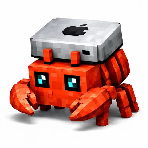 The image features a single, centrally composed 3D voxel-style crab character against a clean, seamless white background. The main subject is a bright orange-red crab constructed from distinct cubic and blocky shapes, giving it a digital, low-poly, or Minecraft-inspired appearance. It has two prominent claws, multiple segmented legs, and large, square, black-rimmed eyes with glowing cyan and white pupils that provide a focal point. Resting squarely on the crab's back is a separate, flat, rectangular silver-gray block that resembles a stylized computer hard drive or generic electronic device. This object has a pixelated black logo on its top surface that is clearly recognizable as the Apple Inc. logo. The rendering style is a clean, high-quality 3D digital illustration with a distinct voxel aesthetic. The color language is dominated by the saturated, warm orange-red of the crab's body, contrasted by the cool, metallic gray of the object it carries and the vivid cyan accents in its eyes. Lighting is soft and directional from the upper left, casting a subtle, diffused shadow on the white ground plane, which defines the crab's form and enhances the three-dimensional, tangible quality of the blocky surfaces. Textures are implied through the pixelated, block-based construction rather than surface detail, giving a smooth yet digital tactile impression. The composition is straightforward and product-shot-like, with the character occupying the majority of the frame and facing slightly toward the viewer. Shape language is predominantly geometric and cubic, with hard edges defining the character's form, though the overall silhouette remains organic and recognizable as a crab. The mood is playful, tech-themed, and whimsical, combining a familiar animal form with a clear digital, gaming, and technology-brand reference.