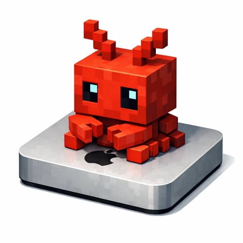 The image features a stylized, 3D pixelated red crab figure perched atop a sleek, silver Apple Mac Mini computer. The overall composition is a centered, isometric view against a pure white background, creating a clean, product-shot aesthetic. The crab is constructed from distinct, blocky voxels, giving it a charming, retro video game appearance reminiscent of early 3D graphics. Its color is a vibrant, saturated crimson red, with subtle shading that defines the geometric planes of its body, claws, and segmented antennae. The crab's eyes are simple, glowing cyan-blue squares set within black pixel sockets, providing a sharp color contrast. The Mac Mini beneath it has a smooth, metallic silver finish with a soft, matte sheen, and its iconic black Apple logo is clearly visible on the top surface. The lighting is bright and directional, coming from the upper left, casting soft, defined shadows that ground the crab on the device and give the entire scene a crisp, three-dimensional feel. There is no readable text present in the image. The visual style blends a playful, voxel-art character with a minimalist, high-tech product base, creating a juxtaposition of organic-inspired form and rigid geometric abstraction.