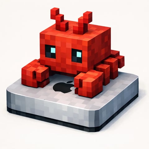 The image features a stylized, 3D voxel-art representation of a red crab perched atop a minimalist, light gray rectangular platform that has rounded corners and a black base. The crab is constructed from small, distinct cubic blocks, giving it a pixelated, geometric appearance with a uniform red color that has subtle shading to suggest volume. Its body is roughly cuboid, with two prominent, blocky claws extended forward and two smaller, segmented legs visible on the right side. Two black rectangular eyes with light blue pupils are centered on the front face, and two segmented antennae protrude from the top of its head. The platform beneath the crab displays a solid black Apple logo centered on its top surface, rendered in a flat, matte style that contrasts with the voxel texture of the crab. The composition is a close-up, slightly high-angle shot against a plain, off-white background, emphasizing the interplay between the organic subject (reimagined geometrically) and the corporate symbol. There is no readable text or script present in the image. The lighting is soft and diffuse, coming from the upper left, casting gentle shadows beneath the crab and platform, enhancing the three-dimensional form without harsh contrast. The overall visual aesthetic is clean, modern, and digital, blending voxel art with minimalist product design, creating a mood that is playful yet precise, with a color palette dominated by saturated red, neutral grays, and stark black accents.