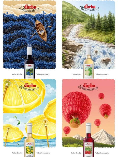 This image is a 2x2 grid of four vertical advertisements for 'd'ärbo' brand syrups, each featuring a whimsical, illustrative scene that integrates a flavor ingredient into a larger landscape or object. The overall aesthetic is a detailed, painterly illustration style with a strong emphasis on texture and a soft, warm light. The composition in each panel places a syrup bottle prominently at the bottom center, with the illustrative scene filling the upper two-thirds. The top-left panel depicts a vast ocean of blueberries, with a wooden rowboat floating among them; the text 'd'ärbo Fruchtsirup' appears at the top, and 'Voller Frucht. Voller Geschmock.' is at the bottom. The top-right panel shows a mountain stream with white elderflowers (Blütensirup) blooming along the banks, with the brand and tagline text in the same positions. The bottom-left panel features a beach scene where large lemon slices act as umbrellas, with a bottle of 'Sizilianische Zitrone' syrup and the standard text. The bottom-right panel presents a pink sky with hot air balloons shaped like raspberries (Himbeer), with the bottle and text below. The dominant color palettes are vibrant and saturated, tailored to each flavor: deep blues and browns for blueberry, fresh greens and whites for elderflower, bright yellows and sky blues for lemon, and pinks, reds, and greens for raspberry. The lighting is consistently soft and directional, casting gentle shadows that give the illustrated elements a three-dimensional, tangible quality. Text is integrated as a design element, using a mix of a bold, red serif font for the brand name and a flowing black script for the product type ('Fruchtsirup' or 'Blütensirup'), with smaller sans-serif text for the tagline. The overall mood is nostalgic, wholesome, and imaginatively playful, evoking a sense of natural abundance and quality.