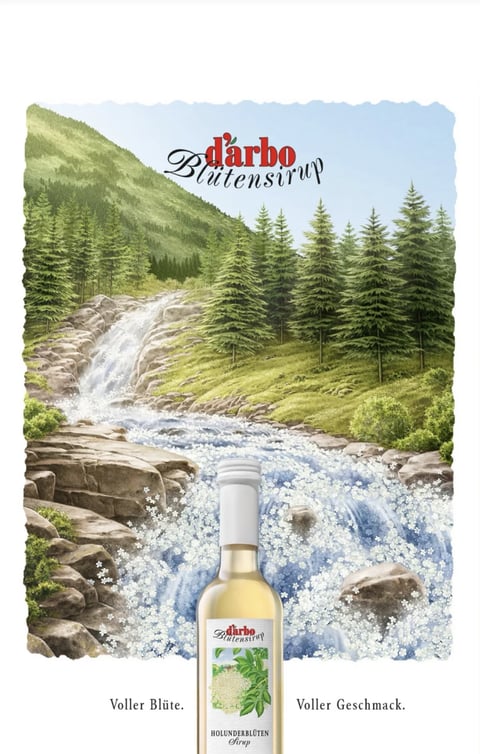 The image is a vertical advertising illustration for d'arbo Blütensirup, featuring a bottle of Holunderblüten Sirup (Elderflower Syrup) in the foreground against a picturesque alpine landscape. The main subject is a clear glass bottle with a white cap, filled with pale golden syrup, its label showing the d'arbo logo, the product name 'Holunderblüten Sirup', and an illustration of elderflower blossoms. The scene depicts a sunlit mountain valley with a cascading waterfall flowing over rocks into a stream; the water is uniquely rendered as a sparkling, effervescent flow of tiny white elderflower blossoms, merging the natural setting with the product's essence. The composition centers the bottle at the bottom, framed by the rocky stream bank, with the waterfall and forested slopes receding into the background, creating depth. At the top, the text 'd'arbo Blütensirup' is displayed in a stylized red and black serif font. Below the bottle, the phrases 'Voller Blüte.' and 'Voller Geschmack.' appear in black serif text. The visual aesthetic is painterly and illustrative, with a soft, detailed rendering that evokes a natural, artisanal feel. The color language is dominated by fresh greens from the pine trees and grassy slopes, earthy browns and greys of the rocks, the pale blue sky, and the white of the flower-filled water, all rendered with moderate saturation and warm, naturalistic tones. The lighting is soft and diffused, suggesting a bright, clear day with gentle shadows, conveying a fresh and pure mood. Textures are rendered with a focus on natural materials: the rough, layered rocks, the soft foliage of the pine trees, the smooth glass of the bottle, and the delicate, granular texture of the flower-filled water. The composition uses a central, vertical arrangement with strong depth cues from the receding valley and overlapping elements. The shape language is predominantly organic, with natural forms of trees, rocks, and flowing water, contrasted by the geometric lines of the bottle. The overall mood is serene, wholesome, and evocative of natural alpine purity and flavor.