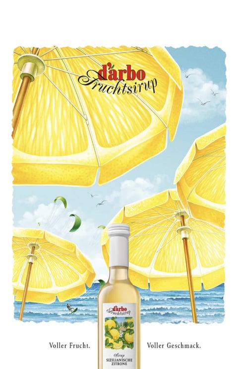 The image is a stylized, illustrative advertisement for d'arbo Fruchtsirup, specifically the Sizilianische Zitrone (Sicilian Lemon) syrup. The composition is dominated by large, vibrant yellow lemon slices that have been creatively transformed into beach umbrellas, set against a bright, summery seascape. The main subject is a bottle of the syrup positioned in the lower center foreground, with several lemon-umbrellas receding into the middle ground and background, creating a sense of depth. The scene includes a light blue sky with soft white clouds, flying seagulls, and distant kite surfers over a blue ocean with gentle waves. Visible text includes the brand name 'd'arbo' in a red, stylized script with a small leaf accent, followed by 'Fruchtsirup' in an elegant black cursive font, both appearing on the largest lemon-umbrella and on the bottle's label. The bottle label also reads 'Sirup SIZILIANISCHE ZITRONE' in a mix of serif and sans-serif fonts. Additional text at the bottom reads 'Voller Frucht.' on the left and 'Voller Geschmack.' on the right, both in a clean, black serif typeface. The visual aesthetic is painterly and illustrative, with a textured, hand-rendered feel that avoids photorealism in favor of a charming, artistic style. The color language is dominated by high-saturation, warm yellows for the lemons, contrasted with the cool, vibrant cerulean blue of the sea and sky, creating a cheerful, sun-drenched palette. Lighting is bright and directional, suggesting strong midday sunlight that casts soft shadows under the lemon-umbrellas and highlights the glistening, juicy texture of the fruit pulp. The texture and material feel are tactile, with the lemon umbrellas showing detailed segments, seeds, and a slightly dimpled rind texture, while the bottle glass has a smooth, reflective quality. Compositionally, the framing is dynamic, using the large, overlapping lemon slices to guide the eye toward the central product bottle, employing a layered, deep spatial arrangement. Shape language combines the organic, circular forms of the lemon slices with the geometric, radial lines of the umbrella ribs and the cylindrical bottle. The overall mood and atmosphere are energetic, refreshing, and evocative of a sunny, leisurely Mediterranean vacation, with a light, summery energy.