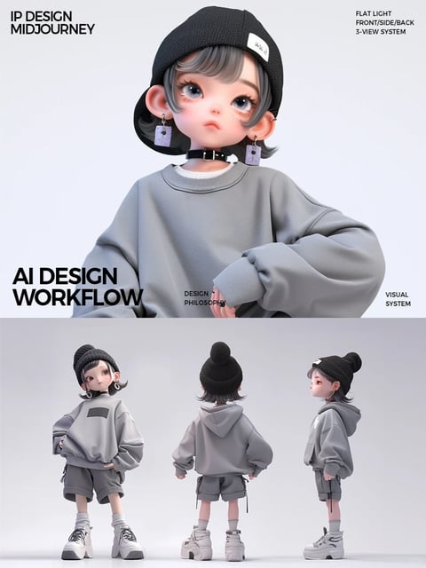 The image presents a 3D-rendered IP design character in a clean, studio-style composition, split into two sections. The top section features a close-up bust shot of a stylized, doll-like character with a large head, oversized expressive eyes, and a small mouth, wearing a black beanie, a grey oversized sweatshirt, a black choker with tag-like earrings, and light grey hair. The bottom section displays a full-body, three-view orthographic character turnaround (front, back, and side) of the same character in a slightly different outfit: a black beanie with a pom-pom, a grey hoodie, grey shorts, white socks, and chunky white sneakers. The visual aesthetic is a polished, 3D digital art style reminiscent of high-end vinyl toys or collectible figures, with smooth surfaces and precise modeling. The color language is strictly monochromatic, dominated by a neutral palette of cool greys, black, and white, with very low saturation and subtle tonal contrast. The lighting approach is soft, diffuse, and even (described as 'FLAT LIGHT' in the text), coming from the front to minimize harsh shadows and create a clean, catalog-like presentation. Texture and material feel are rendered with a smooth, matte finish, giving the impression of soft vinyl or silicone for the skin and a plush, felt-like fabric for the clothing. The composition is highly structured and informational; the top half is a portrait focus, while the bottom half uses a symmetrical, grid-like arrangement to showcase the character's design from multiple angles. Shape language combines soft, organic forms for the character's features (round cheeks, large eyes) with more geometric, structured shapes for the clothing (boxy hoodie, straight seams). The mood and atmosphere are neutral, clean, and technical, focusing entirely on the clarity and detail of the character design itself without conveying a specific narrative emotion.