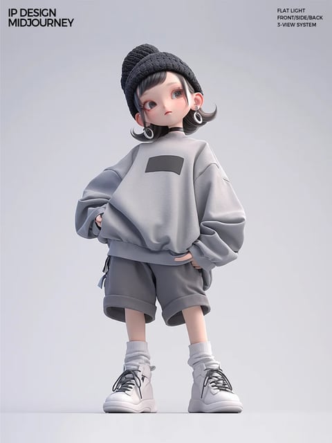 This image features a stylized, 3D-rendered character presented as a full-body, front-view character design against a plain, neutral gray background. The character is a youthful figure with a delicate, doll-like face, large expressive gray-blue eyes, and short, dark gray hair peeking out from under a black knit beanie. The overall aesthetic is a blend of modern streetwear fashion and cute, stylized 3D art, with a clean, polished rendering technique that emphasizes soft surfaces and subtle lighting. The color language is dominated by a monochromatic palette of cool grays, from the light heather gray of the oversized sweatshirt to the medium charcoal of the shorts and the deep black of the beanie, punctuated by the crisp white of the sneakers and ribbed socks, and the silver of the hoop earrings. The lighting is soft, diffused, and frontal, casting gentle, subtle shadows that define the form without creating high contrast, conveying a calm, neutral mood. Texture and material feel are rendered with tactile precision: the sweatshirt and shorts exhibit a soft, matte, fleece-like fabric with visible folds and draping; the beanie has a distinct, bumpy knit texture; the sneakers show smooth synthetic leather and woven laces; and the character's skin has a smooth, porcelain-like finish. The composition is centered and symmetrical, employing a straightforward, catalog-style presentation focused entirely on the character with no background distractions. Shape language combines soft, organic curves in the character's proportions and clothing folds with the clean, geometric lines of the sweatshirt's chest patch and the structured soles of the shoes. The visible text in the top left corner reads 'IP DESIGN' and 'MIDJOURNEY' in a clean, sans-serif font, while the top right corner contains 'FLAT LIGHT', 'FRONT/SIDE/BACK', and '3-VIEW SYSTEM' in the same style, indicating the image's purpose as a technical character reference sheet created with AI. The focus guidance is inherent to the entire image, which serves as a style reference for a cohesive streetwear-inspired character design, with every element from the pose to the lighting meticulously arranged to showcase the outfit and character model clearly and attractively.