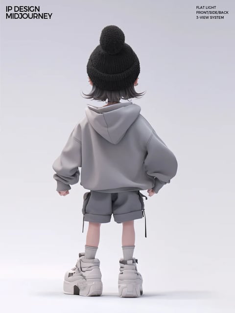 The image presents a 3D-rendered character design of a young, stylized figure viewed from the back, centered in a minimalist composition against a neutral, light-gray gradient background. The character is dressed in a contemporary streetwear outfit consisting of an oversized gray hoodie, matching gray shorts with hanging drawstrings, and chunky, platform-style sneakers in a lighter gray. The figure wears a black knit beanie with a pom-pom and has short, light-colored hair visible at the nape. The rendering style is clean and photorealistic with smooth surfaces, emphasizing a sculpted, toy-like aesthetic. The color language is highly desaturated and monochromatic, dominated by various shades of gray with subtle tonal variations for depth, creating a muted, neutral palette. Lighting is flat and diffused, coming from the front and sides to minimize harsh shadows and evenly illuminate the form, resulting in a soft, clinical mood suitable for a design reference. Texture and material are conveyed through smooth, matte finishes on the fabric and shoes, with a slightly fuzzier, knitted texture on the beanie. Compositionally, the figure is placed centrally with ample negative space, framed for a clear, full-body back view that suggests a technical or orthographic study. Shape language combines soft, rounded organic forms in the clothing and body with more structured, geometric elements in the shoe soles and seam details. Visible text in the upper left corner reads "IP DESIGN MIDJOURNEY," and in the upper right corner, "FLAT LIGHT FRONT/SIDE/BACK 3-VIEW SYSTEM," indicating the image's purpose as a technical character reference sheet created for a design system. The overall mood is neutral, technical, and focused on form and style presentation.
