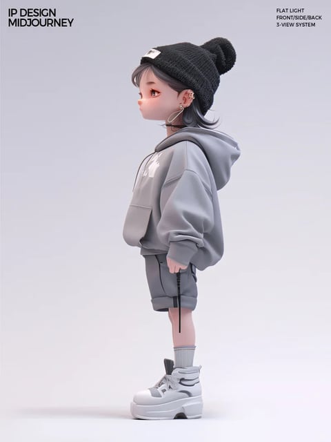 The image presents a stylized 3D-rendered character in a full-body side-profile view, centered against a plain, light gray seamless background. The main subject is a young, doll-like female figure with a large, expressive head and large reddish-brown eyes, embodying a chibi or vinyl toy aesthetic. She is dressed in contemporary streetwear: a light gray oversized hoodie with a subtle white graphic on the chest, matching gray shorts with a black hanging strap detail, white ankle socks, and chunky white platform sneakers with gray accents. Her dark gray hair is styled in a bob, partially covered by a black knit beanie with a pom-pom, and she wears large silver hoop earrings. In the top left corner, black sans-serif text reads 'IP DESIGN' and 'MIDJOURNEY', and in the top right corner, smaller black text reads 'FLAT LIGHT', 'FRONT/SIDE/BACK', and '3-VIEW SYSTEM'. The visual aesthetic is a clean, illustrative 3D rendering with soft, smooth surfaces and precise material definition, giving the character the appearance of a high-quality collectible figurine. The color language is a muted, monochromatic palette dominated by cool grays, blacks, and whites, with the only warm accents being the character's peach-toned skin and the reddish hue of her eyes. The lighting is flat, diffused, and shadowless, consistent with a reference sheet, creating a neutral, clear presentation with no dramatic mood. Textures are rendered with a soft-touch plastic or vinyl feel, evident in the smooth skin, the knitted texture of the beanie, the matte fabric of the hoodie, and the glossy leather of the shoes. Compositionally, the character is positioned vertically in the center, with ample negative space around her, emphasizing her silhouette and outfit details for design reference. The shape language combines soft, rounded organic forms in the character's features and clothing folds with the sharp, geometric lines of the sneakers and accessories. The overall mood is neutral, clean, and focused on presenting a design asset in a clear, functional manner.