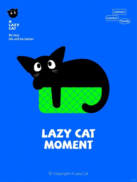 The image is a flat, illustrative design featuring a stylized black cat as the main subject, centered in the composition. The cat, with a simplified, rounded body and a distinctive looped tail, is draped languidly over a bright green, rounded rectangular shape that has a subtle, fine grid pattern. The entire scene is set against a solid, vibrant royal blue background, creating a high-contrast, two-color dominant palette with the black cat, green shape, and blue field. The visual aesthetic is clean, graphic, and cartoonish, with no rendering of texture or depth, relying entirely on flat color fills and crisp edges. The shape language is a mix of organic curves for the cat and geometric precision for the green element and text boxes. Text appears in several locations: in the upper left, a small black cat icon sits above the words 'A LAZY CAT' in a white, rounded sans-serif font, with the tagline 'Be lazy life will be better' below it in smaller white text. In the upper right, three white-outlined, pill-shaped boxes contain the words 'Laziness', 'Comfort', and 'Trendy' in white. Prominently at the bottom, the phrase 'LAZY CAT MOMENT' is displayed in large, bold, white, slightly irregular sans-serif lettering, with a copyright notice '© Copyright A Lazy Cat' in small white text below it. The overall mood is playful, relaxed, and modern, conveying a sense of casual comfort through its simple forms, bold colors, and thematic text about laziness.