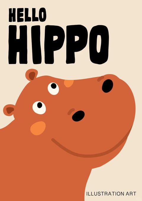 This is a flat, illustrative art piece featuring a close-up, head-and-shoulders view of a stylized, cartoon hippopotamus against a solid, pale beige background. The hippo, rendered in a warm, rusty orange hue, dominates the frame with a friendly, curious expression. Its head is shown in a three-quarter profile, with large, round white eyes containing black pupils that gaze upward and to the right. A small, rounded orange patch highlights its cheek, and a darker orange oval marks its forehead. Two small ears with darker inner details sit atop its head, and a simple curved line forms a gentle smile. Above the hippo, the bold, black, sans-serif text 'HELLO HIPPO' is displayed in all capital letters, with 'HELLO' positioned above the larger 'HIPPO', serving as a playful title or greeting. In the bottom right corner, smaller black text reads 'ILLUSTRATION ART', labeling the work's category. The visual aesthetic is clean and graphic, employing flat color fields with minimal shading, relying on bold outlines and solid shapes for definition. The color palette is warm and earthy, centered on the rusty orange of the hippo against the neutral beige, creating a high-contrast, inviting feel. The lighting is implied and even, with no strong directional shadows, contributing to the flat, illustrative style. Textures are smooth and digitally rendered, giving a matte, paper-like surface quality. The composition is asymmetrical, with the hippo's large head occupying the lower left and central space, balanced by the text in the upper and lower right, creating a dynamic, poster-like layout. The shape language is predominantly organic and rounded, with soft curves defining the hippo's form, contrasted by the blocky, geometric letterforms. The overall mood is cheerful, approachable, and whimsical, evoking a sense of childlike friendliness and simplicity.