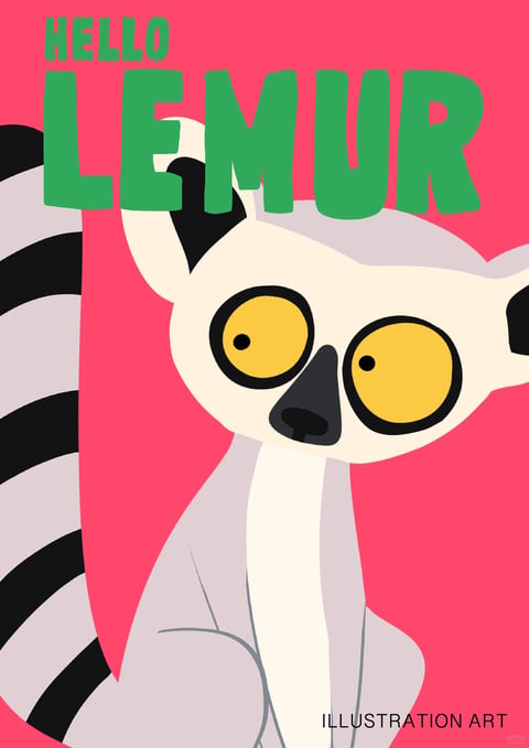 This is a flat, illustrative-style image centered on a stylized lemur against a vibrant pink background. The lemur, with its head tilted and large, wide yellow eyes outlined in black, has a cream-colored face, dark gray nose, and light gray body, with a prominent black-and-white striped tail visible on the left side. The composition is a close-up portrait, focusing on the animal's upper body and head, which is positioned slightly off-center to the right. The text 'HELLO LEMUR' appears in large, bold, green, sans-serif letters at the top of the image, with 'HELLO' smaller and above 'LEMUR'. In the bottom right corner, smaller black text reads 'ILLUSTRATION ART'. The visual aesthetic is characterized by flat shapes, clean lines, and a limited, high-contrast color palette dominated by pink, green, yellow, cream, gray, and black. The lighting is uniform and flat, typical of vector or digital illustration, with no visible shadows or gradients, contributing to a graphic, poster-like feel. The shapes are simplified and slightly geometric, with smooth, defined edges. The overall mood is playful, modern, and energetic, created by the bold colors and the lemur's wide-eyed, curious expression.