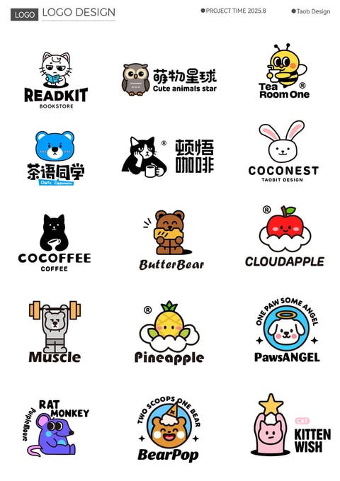 The image presents a grid of 15 distinct logo designs arranged in five rows of three against a plain white background, each combining a cartoon animal or anthropomorphic character with a brand name. The overall visual aesthetic is flat, illustrative, and vector-based, characterized by bold, clean lines, simple shapes, and a playful, cute ('kawaii') style. The color language is vibrant and saturated, featuring a diverse palette with dominant hues like deep black, bright red, sunny yellow, sky blue, and soft pink, often used in high-contrast combinations for strong visual impact. Lighting is minimal and flat, with no complex shading or directional sources, relying instead on solid fills and occasional simple highlights to define form. Textures and materials are rendered with a smooth, digital finish, devoid of realistic surface qualities, emphasizing a clean, graphic look. Compositionally, each logo is a self-contained unit, typically centered within an invisible square cell, with the character and text stacked vertically or arranged in a balanced, symmetrical fashion. The shape language blends organic, rounded forms for the characters (e.g., bear heads, bunny ears, apple shapes) with geometric, bold typography, using consistent line weights and smooth, closed edges. The mood is consistently cheerful, approachable, and energetic, conveying a friendly and whimsical atmosphere suitable for brands targeting a youthful or playful audience. Readable text appears in each logo, including brand names like 'READKIT BOOKSTORE,' '萌物星球 Cute animals star,' 'Tea Room One,' '茶语同学 ChaYu Classmate,' '顿悟咖啡,' 'COCONEST,' 'COCOFFEE COFFEE,' 'ButterBear,' 'CLOUDAPPLE,' 'Muscle,' 'Pineapple,' 'ONE PAW SOME ANGEL PawsANGEL,' 'RAT MONKEY pulltabmove,' 'TWO SCOOPS ONE BEAR BearPop,' and 'CAT KITTEN WISH,' primarily in English with some Chinese characters, serving to identify the brand and integrate with the illustrative elements.
