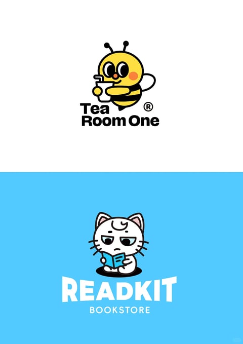 This image is a split composition featuring two distinct logo designs, one on a white background and one on a solid light blue background. The top logo features a cartoon-style, anthropomorphic yellow bee character with black stripes, large round eyes, and pink cheek blushes, holding a white cup with a straw, positioned above the bold, black sans-serif text 'Tea Room One' with a registered trademark symbol. The bottom logo features a cartoon-style white cat character with black outlines, a slightly grumpy or focused expression, reading a small blue book, positioned above the bold, white sans-serif text 'READKIT' with 'BOOKSTORE' in smaller white uppercase letters beneath it. The overall visual aesthetic is flat, illustrative, and graphic, with clean, bold black outlines defining the characters and minimal shading, creating a friendly, approachable, and modern brand identity feel. The color palette is simple and high-contrast, using primary colors (yellow, blue) against neutral backgrounds (white, black) with minimal gradients. The lighting is flat and uniform, typical of vector illustration, with no directional light source or shadows. The composition is vertically stacked and centered within each half, with ample negative space around the logos. The shape language is primarily organic and rounded for the characters, contrasted with the geometric, blocky shapes of the typography. The mood is playful, cute, and clean.
