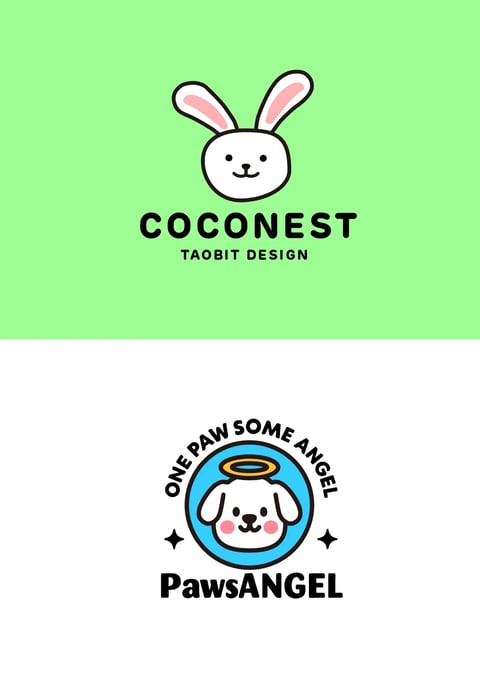 This image is a digital illustration split horizontally into two distinct sections, each featuring a cute, cartoon-style animal logo design. The top section has a solid light mint-green background, centered with a simple white rabbit head illustration with pink inner ears, black dot eyes, a small black nose, and a simple curved mouth. Below the rabbit, the text 'COCONEST' is written in bold, black, sans-serif uppercase letters, with 'TAOBIT DESIGN' in smaller uppercase letters beneath it. The bottom section has a plain white background, centered with a circular blue badge containing a white puppy head with floppy ears, pink blush marks on its cheeks, a small black nose, and a golden halo above its head. Curved around the top of the blue circle is the text 'ONE PAW SOME ANGEL' in black uppercase letters, flanked by two small black star symbols. Below the badge, the text 'PawsANGEL' appears in a bold, black, sans-serif font with a mix of uppercase and lowercase letters. The overall visual aesthetic is flat, illustrative, and vector-like with clean lines, minimal shading, and a cheerful, approachable mood. The color palette is bright and saturated, featuring mint green, sky blue, soft pink, golden yellow, black, and white. Lighting is flat and even, typical of graphic design, with no directional shadows or highlights. Textures are smooth and digital, with no tactile surface qualities. Compositions are centered and balanced, with clear spatial separation between the two logo designs. Shape language is primarily organic (animal features) combined with geometric elements (circular badge, straight text lines), with consistent, bold black outlines. The mood is playful, friendly, and whimsical, evoking a sense of cuteness and approachability.