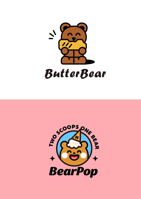 The image is a vertically split reference sheet presenting two distinct, cute cartoon bear illustrations in a flat, vector-style aesthetic. The top half, set against a plain white background, features a full-body brown bear with a simple, rounded shape language, closed happy eyes, and a small smile, holding a large, rectangular yellow block resembling butter or cheese, with three small black lines suggesting motion or emphasis to its left. The bottom half, on a solid soft pink background, displays a circular emblem-style logo containing a close-up of a similar brown bear's head, now with rosy white cheeks, an open smiling mouth, and wearing a small, yellow party hat with white icing and a cherry on top, all set against a light blue circular backdrop. The composition is clean and centered in each section, using bold black outlines and flat color fills with minimal shading. The lighting is implied and flat, contributing to a cheerful, playful mood. The texture is smooth and digital, with a tactile impression of a clean sticker or decal. Visible text includes the stylized cursive word 'ButterBear' in dark brown below the top illustration, and the phrase 'TWO SCOOPS ONE BEAR' in a curved, uppercase sans-serif font arcing above the bottom emblem, with 'BearPop' in a bold, rounded, dark brown font below it, all serving as branding or title elements.