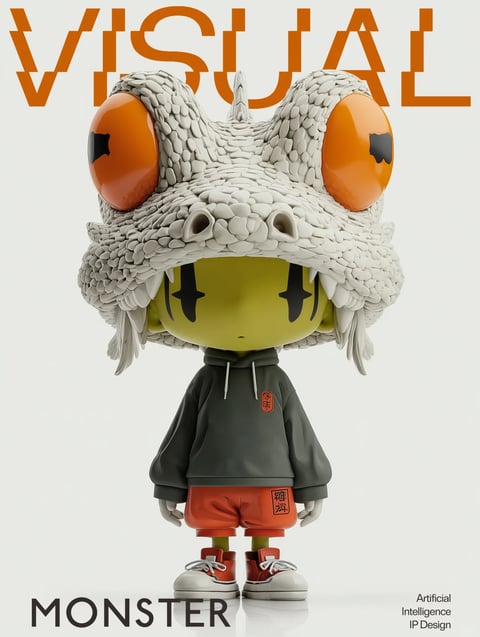 This image presents a single, central character rendered in a highly detailed 3D style, set against a clean, neutral off-white background that suggests a studio or product photography setting. The character is a stylized, chibi-proportioned figure with a smooth, pale yellow skin tone and large, expressive black eyes shaped like downward-pointing crosses. It wears a highly textured, white reptilian or dragon-like hood that covers the top of its head, featuring two large, glossy orange dome-shaped eyes with black pupils on the hood itself, giving the impression of a creature head being worn. The hood's surface is meticulously sculpted with a scale-like texture, with sharp, triangular teeth lining the opening around the character's face. The figure is dressed in a dark charcoal grey hoodie with white drawstrings and a small, orange circular emblem on the left chest, paired with bright orange shorts featuring a black rectangular patch with Chinese characters. The outfit is completed with white sneakers that have orange accents and dark laces. The text 'VISUAL' appears in large, bold, orange capital letters across the top, partially obscured by the hood. At the bottom left, the word 'MONSTER' is written in a bold, black, sans-serif font. In the bottom right corner, smaller black text reads 'Artificial Intelligence IP Design'. The lighting is soft and diffuse, coming from the front and slightly above, creating gentle highlights on the glossy surfaces of the hood's eyes and the character's skin, with soft shadows defining the forms and textures, particularly the intricate scales of the hood and the folds of the clothing. The overall aesthetic is that of a collectible designer toy or vinyl art toy, combining cute character design with a slightly edgy, monstrous theme. The color palette is dominated by the high-contrast combination of white, black, and a vibrant, saturated orange, with the pale yellow skin and grey hoodie providing neutral balances. The mood is cool, stylish, and slightly mysterious.