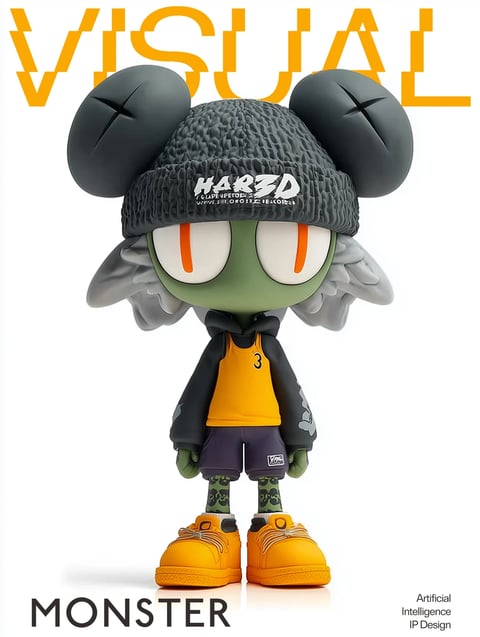 The image features a 3D-rendered character centered against a pure white background, presented as a stylized 'monster' or anthropomorphic creature with a contemporary streetwear aesthetic. The character has a smooth, matte green head with large, bulbous black ears marked by 'X' incisions, and wide, white eyes with vertical orange slit pupils. It wears a textured, dark grey knit beanie with white text, a grey sculpted hairstyle resembling layered stone or clay, a black hoodie layered over a bright yellow basketball jersey with a blue number '3', dark shorts with a small white logo, patterned green leggings, and chunky, vibrant orange sneakers. The composition is a full-body, front-facing portrait with a slight shadow beneath the feet, emphasizing the figure's grounded stance. Visible text includes the large, stylized orange word 'VISUAL' arched at the top, the white text 'HARD' on the beanie, the number '3' on the jersey, a small 'V' logo on the shorts, and the black text 'MONSTER' at the bottom left, with 'Artificial Intelligence IP Design' in smaller black type at the bottom right. The visual aesthetic is a clean, high-fidelity 3D render with smooth gradients and precise surface detailing, giving a collectible toy or vinyl figure impression. The color language is high-contrast, pairing dominant neutral greys and blacks with saturated pops of yellow, orange, and green, creating a vibrant yet urban palette. Lighting is soft and diffuse, coming from the front-upper direction, producing gentle highlights on the beanie's texture, the jersey's fabric, and the shoes' smooth surfaces, with minimal harsh shadows. Texture and material rendering are highly varied: the beanie shows a convincing knit pattern, the hair appears as a matte, sculpted solid, the clothing fabrics look soft and pliable, and the shoes have a glossy, rubbery finish. Compositionally, the character occupies the central vertical axis with ample negative space, framed by the textual elements. Shape language blends organic curves (head, eyes) with geometric forms (beanie, jersey, shoes), and edges are predominantly soft and rounded. The mood is cool, playful, and slightly edgy, conveying a confident, street-smart attitude with a touch of monstrous whimsy.