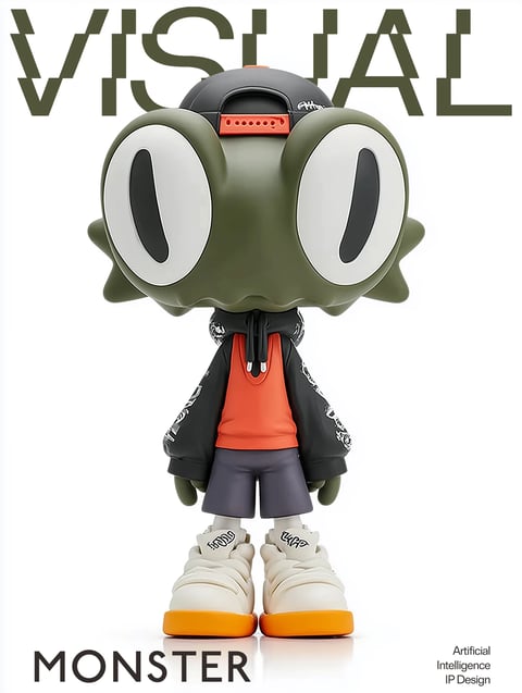 The image presents a centered, full-body 3D-rendered character against a plain white background, serving as a style reference for a collectible toy or character design. The character is a stylized, humanoid creature with an oversized head and large, round, forward-facing eyes with black pupils on white sclera, giving it a cute yet slightly eerie appearance. Its skin is a matte, muted olive green with subtle spiky protrusions around the head. The character is dressed in contemporary streetwear: a black cap worn backward, a black unzipped hoodie over a bright orange t-shirt, grey shorts, and chunky cream-colored sneakers with orange soles. The rendering style is highly polished and photorealistic, mimicking the look of a high-quality vinyl toy with smooth surfaces, soft ambient occlusion shadows, and precise material differentiation between the matte skin, glossy eyes, and fabric textures. The lighting is soft and diffused, coming from the front-left, creating gentle highlights on the curves of the head and clothing while casting a subtle, soft shadow beneath the feet, enhancing the three-dimensional presence. The color palette is dominated by muted olive green and neutral tones (black, grey, white), punctuated by vibrant orange accents on the shirt and shoe soles, creating a balanced contrast. Shape language combines organic, rounded forms for the character's head and eyes with more geometric, structured shapes in the clothing and shoes. The composition is symmetrical and centered, emphasizing the character's design details. Visible text includes the large, bold, sans-serif word 'VISUAL' in a dark olive green at the top, partially obscured by the character's head, and the word 'MONSTER' in bold black letters at the bottom left. Smaller text in the bottom right corner reads 'Artificial Intelligence IP Design' in a simple sans-serif font, indicating the image's context as a design concept. The overall mood is cool, modern, and playful, with a strong emphasis on character design aesthetics.