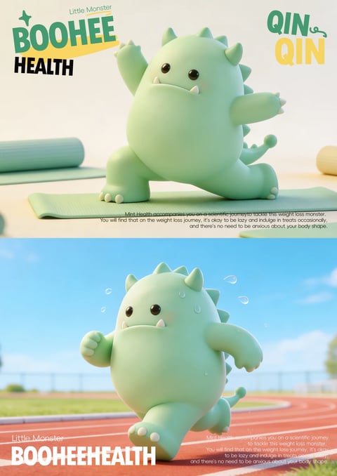 This reference image is a two-panel digital illustration featuring a cute, chibi-style 3D rendered dinosaur character named 'Little Monster' as part of the 'BOOHEE HEALTH' brand. The top panel shows the mint-green dinosaur, with a plump, rounded body, small spikes, and a friendly expression, performing a side plank yoga pose on a matching mint-green exercise mat in a bright, softly lit indoor space with a rolled mat in the background. The bottom panel depicts the same character energetically running on a red outdoor athletic track under a clear blue sky, with motion lines and sweat droplets emphasizing exertion. Visible text includes 'Little Monster', 'BOOHEE HEALTH', and 'QIN QIN' in stylized, bold sans-serif fonts in mint green, yellow, and black, primarily in the top left and right corners. A caption at the bottom of both panels reads: 'Mint Health accompanies you on a scientific journey to tackle this weight loss monster. You will find that on the weight loss journey, it's okay to be lazy and indulge in treats occasionally, and there's no need to be anxious about your body shape.' The visual aesthetic is clean, modern 3D rendering with a soft, plastic-like texture and smooth shading. The color palette is dominated by fresh mint greens, soft pastels, and high-saturation accents (yellow text, red track), with a bright, cool color temperature. Lighting is soft and diffuse with gentle highlights, creating an approachable, positive mood. Shapes are predominantly organic and rounded, with soft edges and no harsh lines. The composition uses clear, centered framing of the character, with the top panel being a medium shot and the bottom a dynamic low-angle action shot, creating depth through layered backgrounds (mat/indoor vs. track/outdoor sky). The overall atmosphere is cheerful, motivational, and gently playful, emphasizing fitness and self-acceptance.