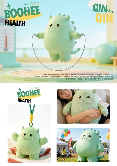 The image is a composite moodboard-style collage centered on a cute, anthropomorphic mint-green monster character named 'Boohee' or 'Qin Qin,' used as a mascot for a health and weight loss brand called 'Boohee Health.' The top section features a 3D-rendered, smooth, matte-finish character skipping rope on a circular mat in a brightly lit, pastel-toned room with a blurred background containing a weight scale and a yoga ball. The character has a rounded body, small spikes along its back, tiny white teeth, and simple black dot eyes. Below this, three smaller images show real-world applications: a plush toy version of the monster with a hanging strap, a person cuddling a larger plush, and an inflatable version at an outdoor event. The visual aesthetic is consistently playful and soft, utilizing a dominant color palette of mint green, warm beige, and soft teal with high saturation and gentle, diffused lighting that creates a cheerful, approachable atmosphere. Text appears in English and stylized fonts; the top left features 'Little Monster BOOHEE HEALTH' in green and black, the top right has 'QIN QIN' in green and yellow, and a descriptive paragraph below the main character reads, 'Mint Health accompanies you on a scientific journey to tackle this weight loss monster. You will find that on the weight loss journey, it’s okay to be lazy and indulge in treats occasionally, and there’s no need to be anxious about your body shape.' The composition uses a clear hierarchy with the 3D character as the focal point, supported by supplementary lifestyle and product shots, all rendered with smooth organic shapes and soft edge treatments to convey a friendly, encouraging mood.