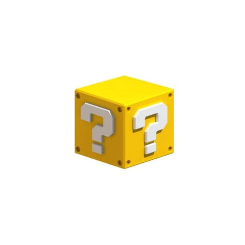 The image features a single, isometrically viewed yellow cube, reminiscent of a classic video game question mark block. The main subject is a perfect, three-dimensional cube with two visible faces, each prominently displaying a thick, white, stylized question mark symbol. The composition is clean and centered against a plain, white background, emphasizing the object's form and color. The visual aesthetic is a clean, polished 3D rendering with a smooth, plastic-like finish. The color language is dominated by a vibrant, saturated primary yellow, contrasted sharply by the pure white of the question marks and the soft gray shadows they cast. The lighting is soft and directional, coming from the upper left, creating subtle gradients on the yellow surface and casting gentle, diffused shadows to the right and beneath the cube, giving it a sense of weight and volume. The texture is smooth and matte, suggesting a painted metal or hard plastic material, with small, dark rivet-like circles at the corners of each face adding a subtle industrial detail. The shape language is strictly geometric, defined by clean lines, sharp edges, and the bold, blocky typography of the question marks. The overall mood is playful, iconic, and evocative of retro gaming nostalgia, with a focused and uncluttered atmosphere that draws immediate attention to the symbolic object.