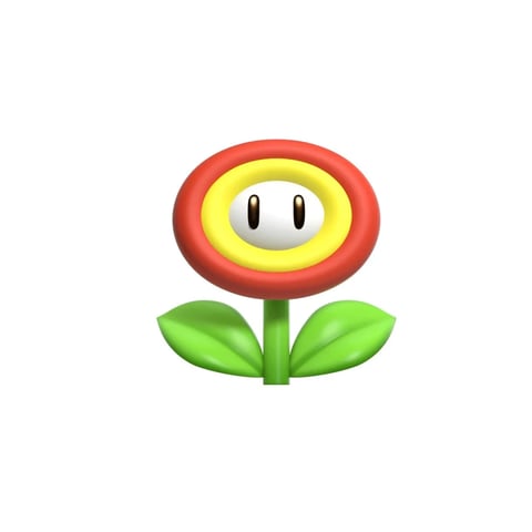 The image features a single, stylized 3D-rendered flower character, centered against a plain, uniform white background. The main subject is a cartoonish plant with a large, circular head composed of concentric rings: an outer red ring, a middle yellow ring, and a central white circular face with two simple, vertical black oval eyes. The head is supported by a slender green stem with two symmetrical, teardrop-shaped green leaves extending horizontally from its base. The visual aesthetic is a clean, glossy 3D illustration with a playful, toy-like quality. The color language is vibrant and highly saturated, dominated by primary and secondary colors (red, yellow, green, white) with strong contrast between the elements. Lighting appears soft and diffused, coming from the upper front, creating gentle, smooth highlights on the glossy surfaces of the flower's head and leaves, which conveys a friendly and approachable mood. The texture is smooth and plastic-like with a slight reflective sheen, giving it a tactile, vinyl-figure impression. The composition is simple and symmetrical, with the character centered and isolated, emphasizing its iconic, badge-like design. The shape language is predominantly organic yet geometrically simplified, featuring rounded forms, clean curves, and no harsh edges. There is no visible text or readable words in the image. The overall atmosphere is cheerful, simple, and iconic, with a focus on clear, bold forms and a clean, digital finish.