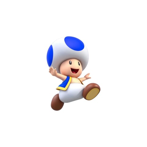The image features a single, dynamic character from the Super Mario franchise: a Blue Toad, rendered in a clean, high-fidelity 3D style against a stark white background. The character is captured mid-leap, with a joyful, open-mouthed expression, arms raised, and legs splayed in an energetic pose. The visual aesthetic is polished, illustrative 3D rendering with smooth, rounded forms and a tactile, almost vinyl-like surface quality. The color language is vibrant and high-contrast, dominated by the crisp white of the character's body and mushroom cap, punctuated by large, saturated royal blue spots, a blue-and-yellow vest, and warm brown shoes. The lighting is soft and diffuse, coming from a frontal, slightly elevated direction, creating gentle, rounded shadows that emphasize the character's three-dimensional form without harsh edges. The composition is centrally framed with the character occupying the majority of the space, isolated against the negative space to focus entirely on its form and motion. Shape language is overwhelmingly organic and rounded, with smooth, bulbous proportions, soft edges, and no sharp angles. The mood conveyed is one of pure, high-energy joy and playful excitement, with a light, buoyant atmosphere created by the character's airborne pose and bright, cheerful color palette. There is no visible text in the image.