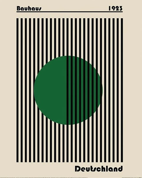 The image is a flat, illustrative graphic design poster centered around a large, solid dark green circle set against a background of uniform, vertical black stripes of equal width. The circle is positioned slightly off-center to the left, with its right half visually intersected and layered behind the vertical stripes, creating a simple optical overlap effect. At the top of the composition, the word 'Bauhaus' appears in a bold, geometric, sans-serif black typeface on the left, balanced by the year '1923' in the same style on the right, with a thin horizontal line running beneath them across the width of the striped area. At the bottom, the word 'Deutschland' is displayed in the same bold, geometric black typeface, aligned to the right. The color palette is minimal and high-contrast, dominated by the dark green circle, black stripes and text, and an off-white or beige background, with no gradients or shading, emphasizing a flat, graphic aesthetic. The composition is strictly geometric, relying on the interplay of the circle, vertical lines, and typography to create visual interest, with no depiction of depth, texture, or realistic lighting, resulting in a clean, modernist, and abstract mood.