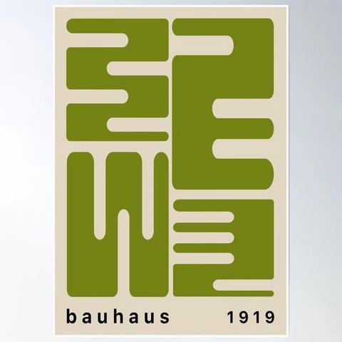 This image is a flat, graphic poster featuring a bold, geometric typographic design in olive green against a warm off-white background. The composition is dominated by a large, stylized arrangement of interconnected, blocky letterforms that create a dense, abstract pattern filling most of the vertical frame. The design uses a limited, two-tone color palette with a matte, screen-printed texture, emphasizing strong contrast and flat color application without gradients or shading. The shapes are purely geometric, with rounded ends on the thick, uniform lines, creating a maze-like or circuit-board aesthetic. The overall style is reminiscent of mid-century modernist or Bauhaus graphic design, focusing on reduction, form, and functional beauty. At the bottom of the poster, the text 'bauhaus' appears in a clean, lowercase, black sans-serif typeface on the left, and the year '1919' is displayed in the same font on the right, anchoring the abstract design with clear, readable information. The mood is intellectual, orderly, and timeless, with a strong visual weight due to the dense, interlocking shapes.