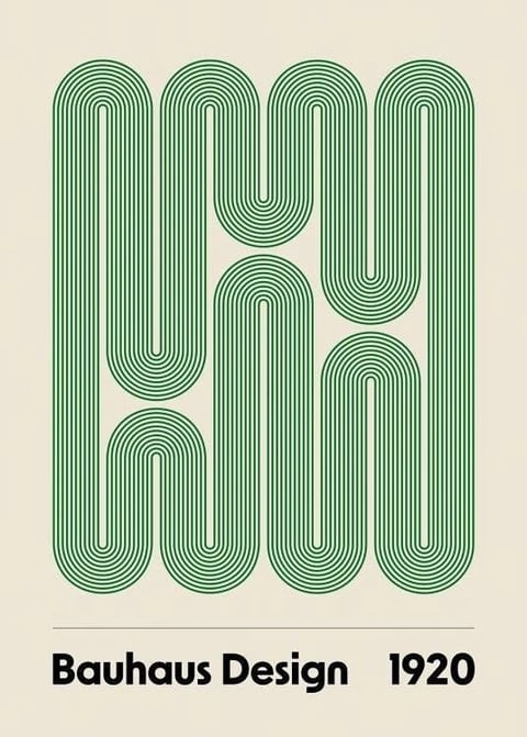 This image features a striking abstract graphic design composition rendered in a flat, illustrative style. The primary visual element is a network of interconnected, looping lines composed of multiple parallel green stripes set against a solid, light beige or cream background. These lines form a complex, maze-like or labyrinthine pattern with rounded ends and continuous, fluid curves, creating a sense of rhythmic, organic movement within a structured geometric framework. The green stripes are a deep, saturated forest green with consistent, even line weight, and the overall composition is balanced and symmetrical, filling the majority of the frame with its intricate, continuous path. Below the main graphic, a thin, horizontal black line separates the artwork from the text. The text reads 'Bauhaus Design' in a bold, black, sans-serif typeface, aligned to the left, followed by '1920' in the same style, aligned to the right, clearly identifying the style and era referenced. The lighting is completely flat and uniform, with no gradients or shadows, emphasizing the graphic, two-dimensional nature of the design. The texture is smooth and digital, with sharp edges and no tactile surface variation. The overall mood is modernist, intellectual, and ordered, with a strong emphasis on form, line, and the visual interplay of positive and negative space.