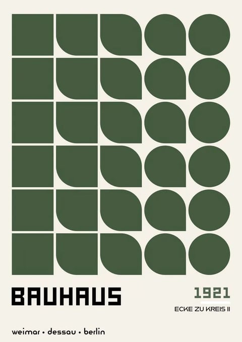 This is a flat, graphic design poster with a strict grid-based composition, dominated by a 5x6 grid of dark olive-green shapes on an off-white background. The main visual element is a systematic, geometric progression where each row transitions from a perfect square on the left through three intermediate shapes with increasingly rounded corners, culminating in a perfect circle on the right, demonstrating a morphing sequence from square to circle. The style is purely illustrative and minimalist, characteristic of the Bauhaus design movement, featuring solid, flat color fills with no gradients, shading, or texture. The color palette is highly restrained, using only two colors: a deep, muted olive green and a warm off-white, creating a high-contrast, graphic look with a neutral temperature. There is no simulated lighting or depth; the forms are rendered as two-dimensional, flat shapes with crisp, clean edges. The composition is balanced and mathematical, with precise, uniform spacing between the grid elements, emphasizing order and visual rhythm. The shape language is exclusively geometric, moving from angular (square) to curvilinear (circle), with sharp edges on the initial squares softening into smooth curves. The overall mood is intellectual, orderly, and pedagogical, conveying a sense of systematic experimentation and formal study. Readable text appears at the bottom: the large, bold, sans-serif word 'BAUHAUS' in black on the left, the year '1921' in a stencil-like font on the right, the phrase 'ECKE ZU KREIS II' (German for 'Corner to Circle II') in small uppercase letters below the year, and the locations 'weimar • dessau • berlin' in lowercase at the bottom left. This text anchors the image within the historical context of the Bauhaus school, explicitly labeling the graphic exercise.