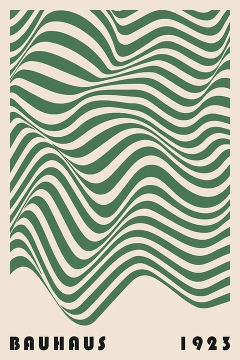 This is a graphic poster featuring a dominant, large-scale abstract pattern that fills most of the frame, composed of undulating, parallel lines in a deep forest green color against a light beige or cream-colored background. The lines create a dynamic, fluid wave-like formation that appears to flow diagonally across the composition, with variations in line thickness and curvature that generate a sense of movement and optical rhythm. At the bottom of the poster, black, bold, sans-serif text is arranged in a single horizontal line; on the left side, the word "BAUHAUS" is spelled in uppercase letters, and on the right side, the number "1923" is displayed. The overall visual aesthetic is flat and illustrative, characteristic of early modernist or Bauhaus design, with a limited color palette of two colors—dark green and off-white—creating high contrast and a clean, graphic feel. The composition is asymmetrical yet balanced, with the large, flowing pattern dominating the upper and central areas, while the text anchors the bottom edge, providing a stark, geometric counterpoint to the organic curves above. The mood is one of dynamic, structured energy, blending organic form with industrial precision, evoking a sense of modernist movement and abstraction.