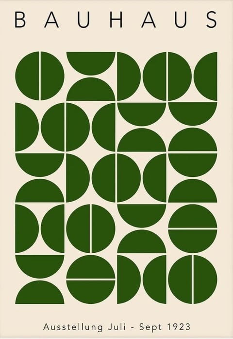 The image is a flat, graphic design poster exemplifying the Bauhaus style, featuring a symmetrical composition dominated by a grid of interlocking geometric shapes in dark green against an off-white, beige background. The central visual element consists of circles, semicircles, and quarter-circles arranged in a pattern that creates dynamic negative space and optical rhythm through repetition and transformation. At the top, the word "BAUHAUS" is displayed in a clean, sans-serif, uppercase typeface with wide tracking, anchoring the design with a bold, modernist typographic element. At the bottom, smaller text reads "Ausstellung Juli - Sept 1923" in a similar sans-serif font, indicating the poster's purpose for an exhibition in 1923. The visual aesthetic is strictly flat and illustrative, with no gradients or shading, emphasizing hard edges and precise geometric forms. The color palette is minimal, limited to a high-contrast pairing of deep, saturated forest green and a warm, muted cream, creating a sophisticated and timeless graphic impact. The composition is tightly structured with a strong sense of balance and order, utilizing the principles of geometric abstraction to generate visual movement. The mood is intellectual, orderly, and avant-garde, conveying the foundational principles of modernist design through pure form and restrained color.