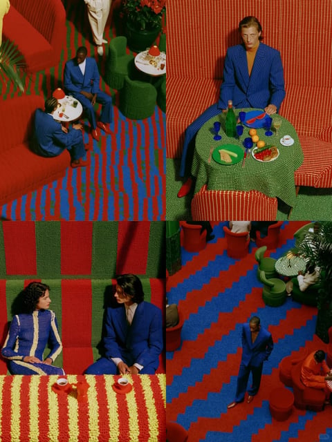 This is a photorealistic 2x2 grid of four distinct, stylized interior scenes, unified by a bold, graphic aesthetic. The overall composition features groups of fashionably dressed individuals in vibrant, meticulously designed environments dominated by saturated primary colors—red, blue, and green—with strong geometric patterns. The lighting is consistently directional and relatively hard, creating defined shadows that enhance the three-dimensionality of the figures and furniture while maintaining a high-contrast, editorial mood. Textures are rendered with a tactile, almost exaggerated quality, emphasizing the plushness of carpets, the woven patterns of upholstery, and the smooth, reflective surfaces of glassware and plates. Shape language is a mix of strong geometric lines from the striped and checkered patterns and the organic curves of the furniture and human forms. The mood is cool, detached, and highly stylized, evoking a retro-futuristic or cinematic atmosphere with a sense of staged perfection. There is no obvious text present in any of the four panels.