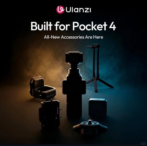 This is a photorealistic product advertisement image with a dramatic, moody aesthetic, showcasing a silhouette-style arrangement of accessories for a handheld gimbal camera. The central subject is a dark, silhouetted gimbal camera, flanked by various mounting accessories including a protective case, a small tripod, and other modular components, all rendered in deep black with minimal surface detail. The composition uses a symmetrical, centered framing with the main gimbal as the focal point, surrounded by accessories arranged in a balanced, spaced-out pattern on a dark, reflective surface. The lighting is highly stylized, employing a strong dual-tone color temperature contrast: warm, golden-amber light illuminates the left side with soft, hazy diffusion, while cool, teal-blue light emanates from the right, creating a dramatic split-tone effect that highlights the edges and contours of the silhouetted objects. The background is a dark, smoky gradient where the two light sources meet, adding atmospheric depth and a sense of professional cinematic presentation. Visible text at the top includes the 'Ulanzi' brand logo in white and pink, followed by the large, bold headline 'Built for Pocket 4' and the subheading 'All-New Accessories Are Here' in clean, sans-serif typography, clearly identifying the product line and promotional purpose. The overall mood is sleek, technical, and premium, emphasizing the silhouette shapes and dramatic lighting over detailed textures, creating a high-contrast, visually striking promotional graphic.